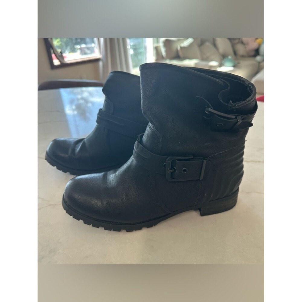 Aldo Black Leather Ankle Combat Boots with Buckle Straps
